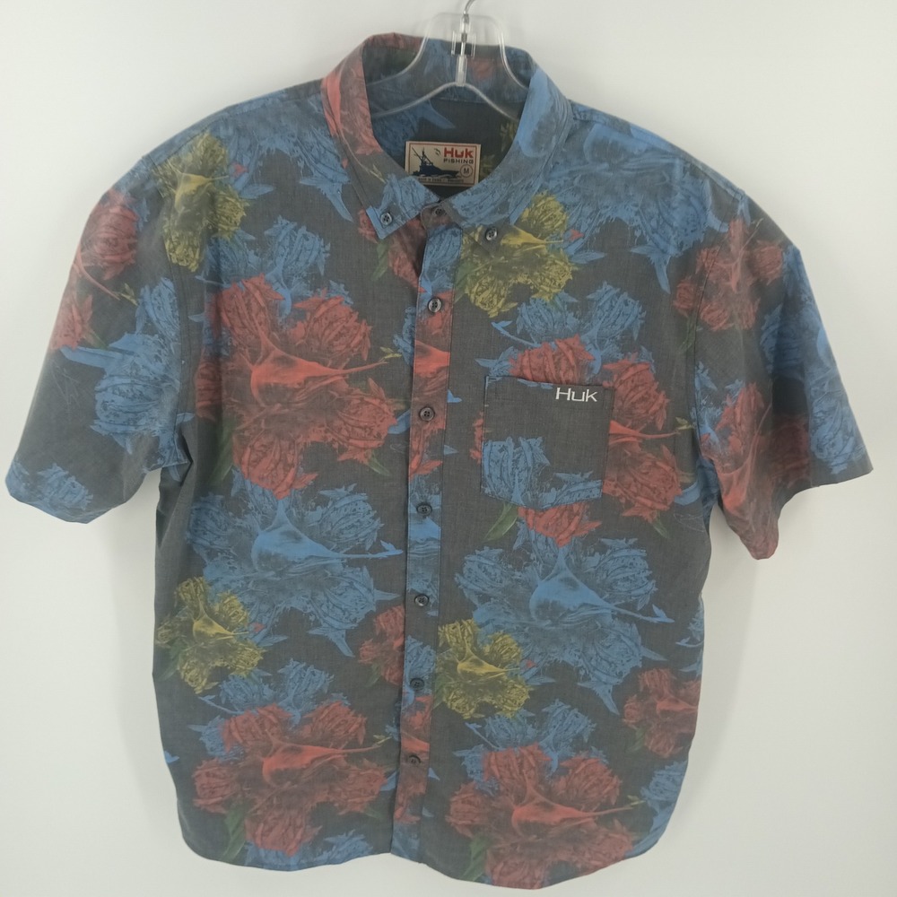 Huk Fishing Shirt Mens Medium Gray Marlin Floral Print Short Sleeve Button Down